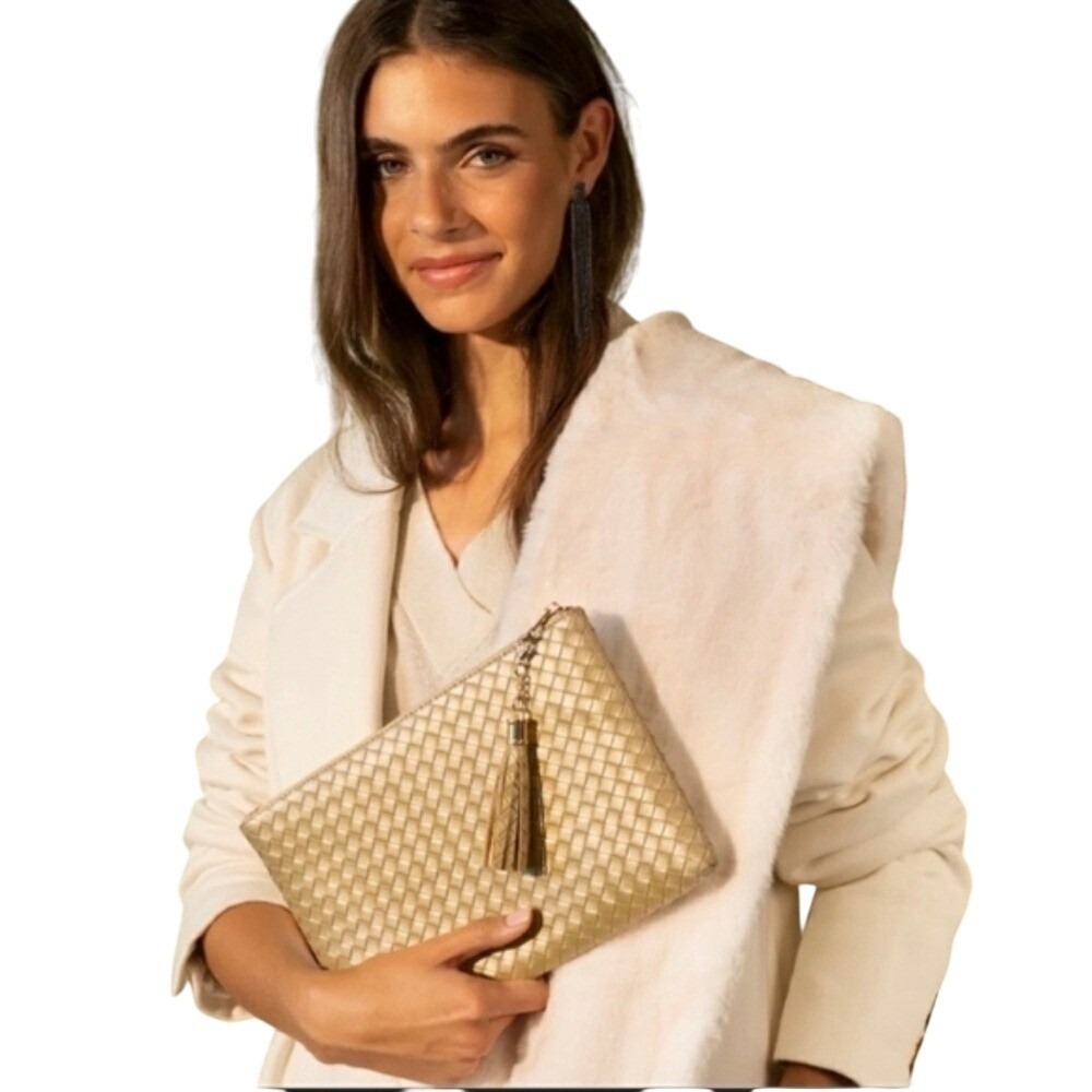 NWT Virginia Wolf Woven Tassel Clutch Champagne Gold Metallic Vegan Leather OS